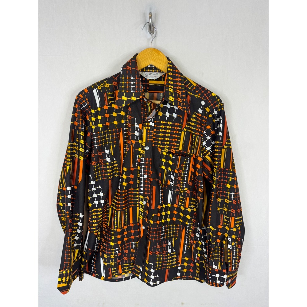Vintage La Ronde 70s Disco Shirt Geometric Print Black Orange‎ Yellow Mens M